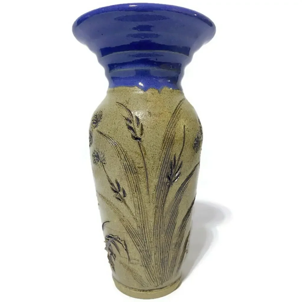 Tom Briney Signed Art Pottery Vase Floral Brown Blue 8.5